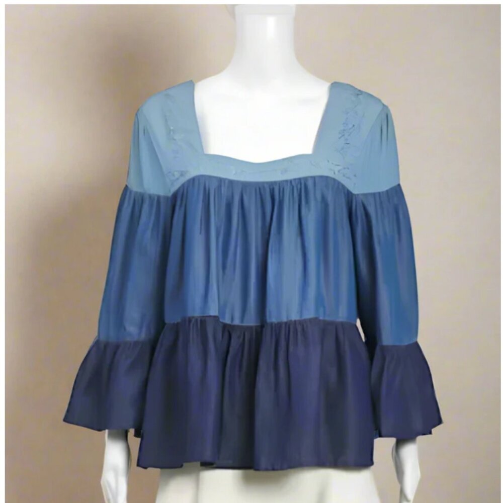Kate Spade Square Neck Tiered Top Womens Smocked Blue Floral Embroidery Chambray - Picture 3 of 8